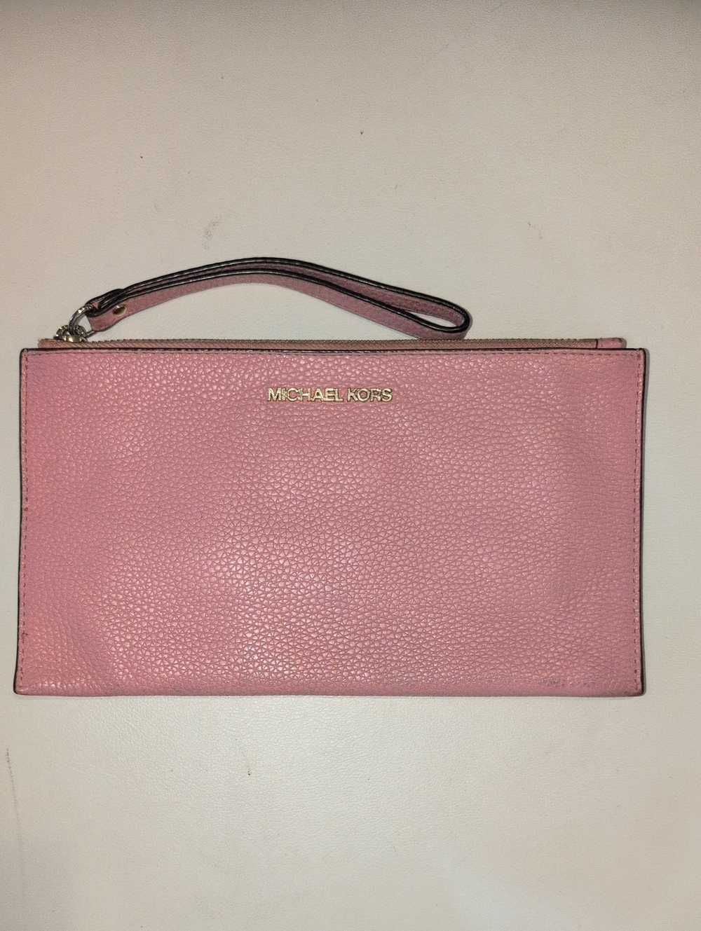 Michael Kors Blush Pink Pebbled Leather Wristlet Clutch with Gold Logo